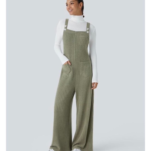 HALARA Pants - HALARA Olive Green Ribbed Wide-Leg Overalls